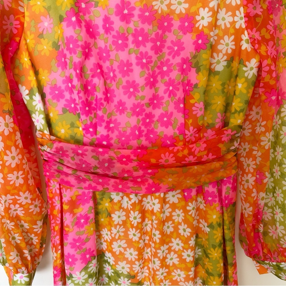 Vintage Colorful Floral Long Sleeve Maxi Dress Pink, Orange, Green - Picture 3 of 8